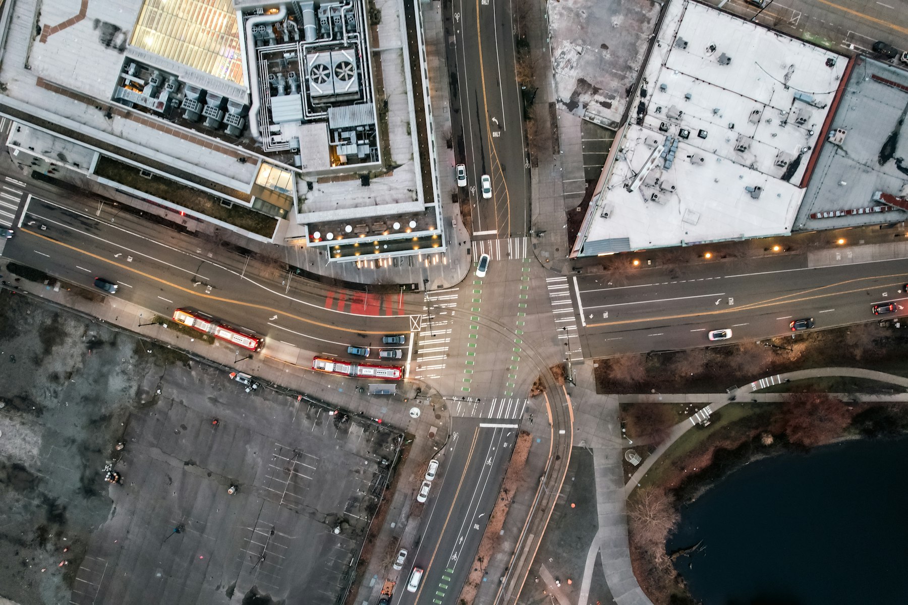 Aerial view of city streets and buildings